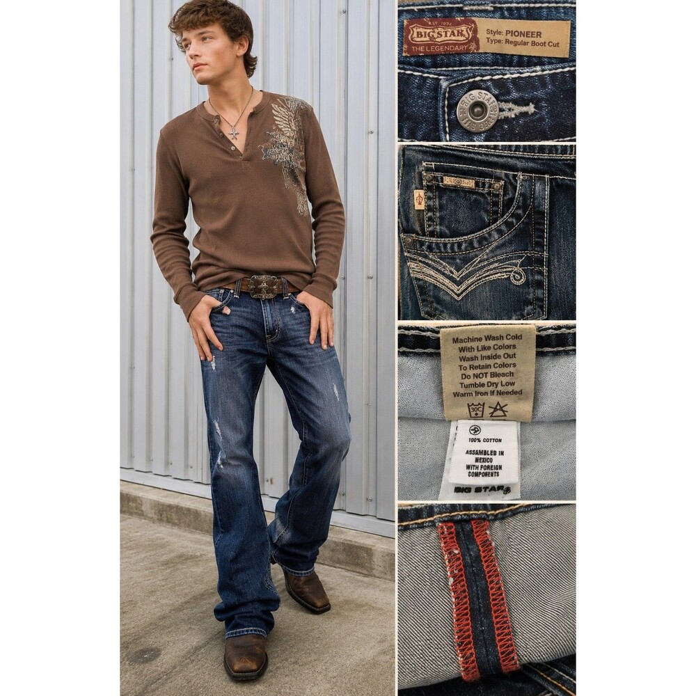 Big Star Pioneer Y2K Distressed Boot Cut Jeans 33L Buckle Exclusive